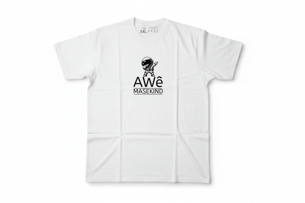 White t-shirt with a graphic design and text AWê MASEKIND