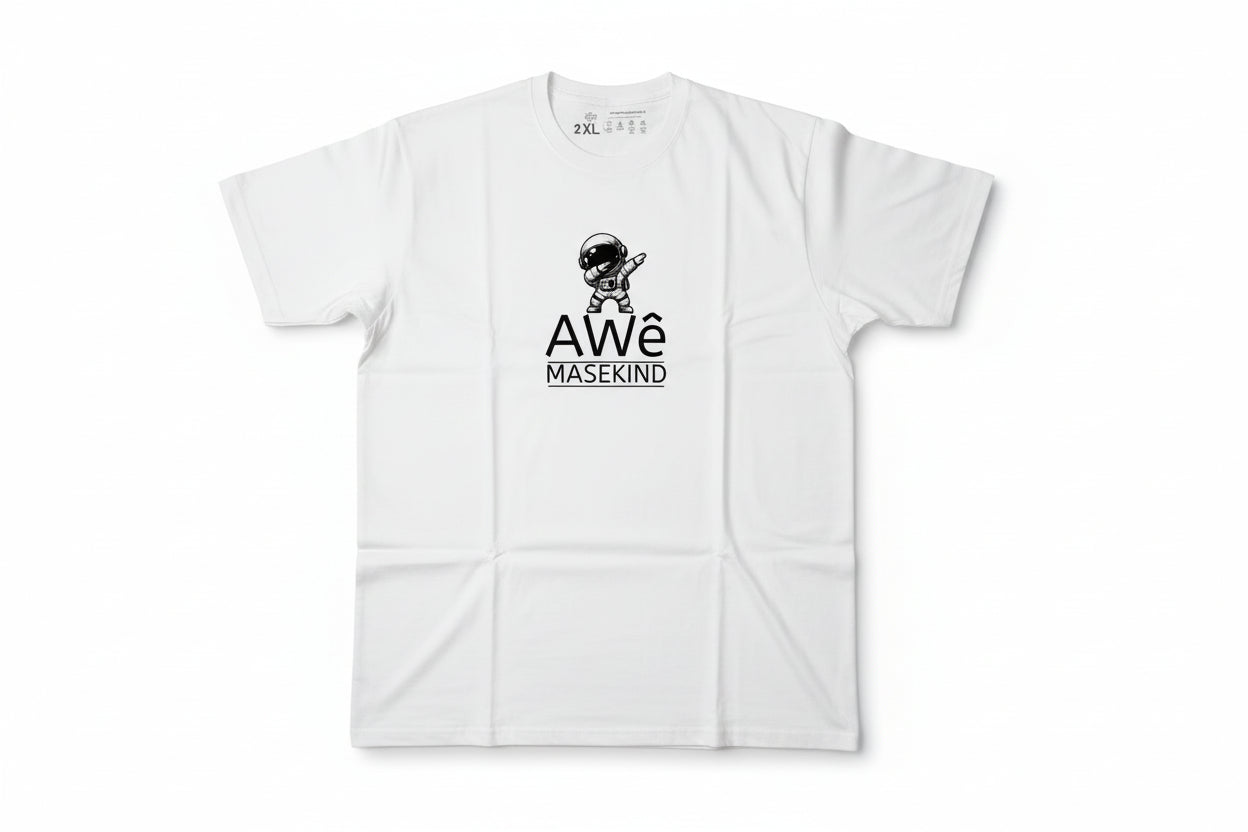 White t-shirt with a graphic design and text AWê MASEKIND