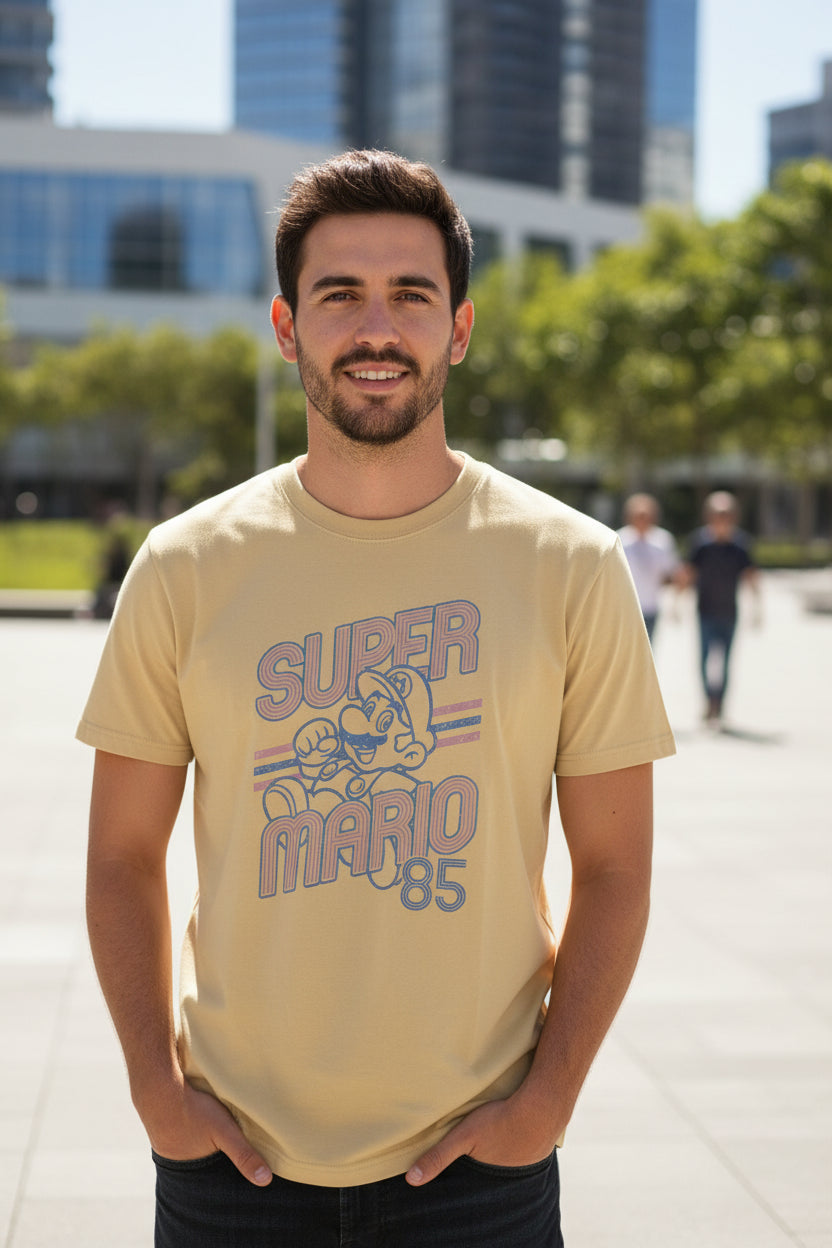 Beige t-shirt with 'Super Mario 85' graphic print