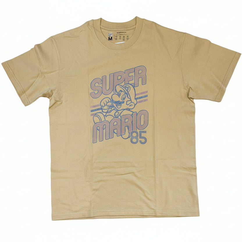 Beige t-shirt with 'Super Mario 85' graphic print
