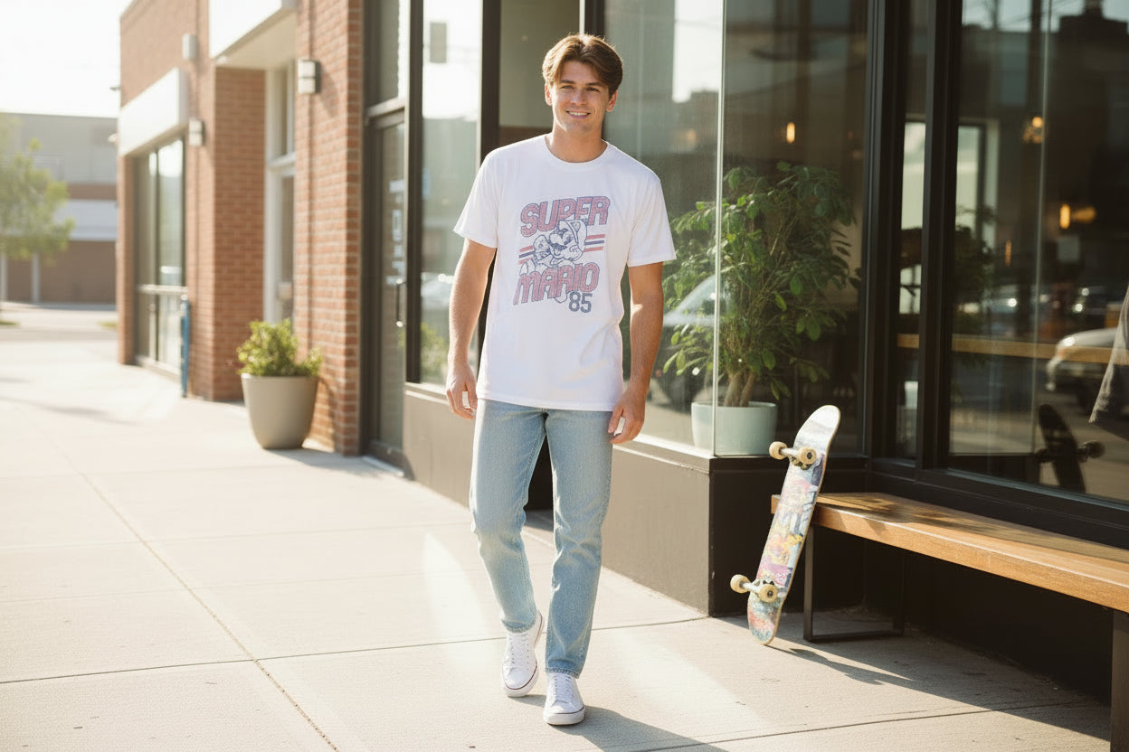 White t-shirt with 'Super Mario 85' graphic print