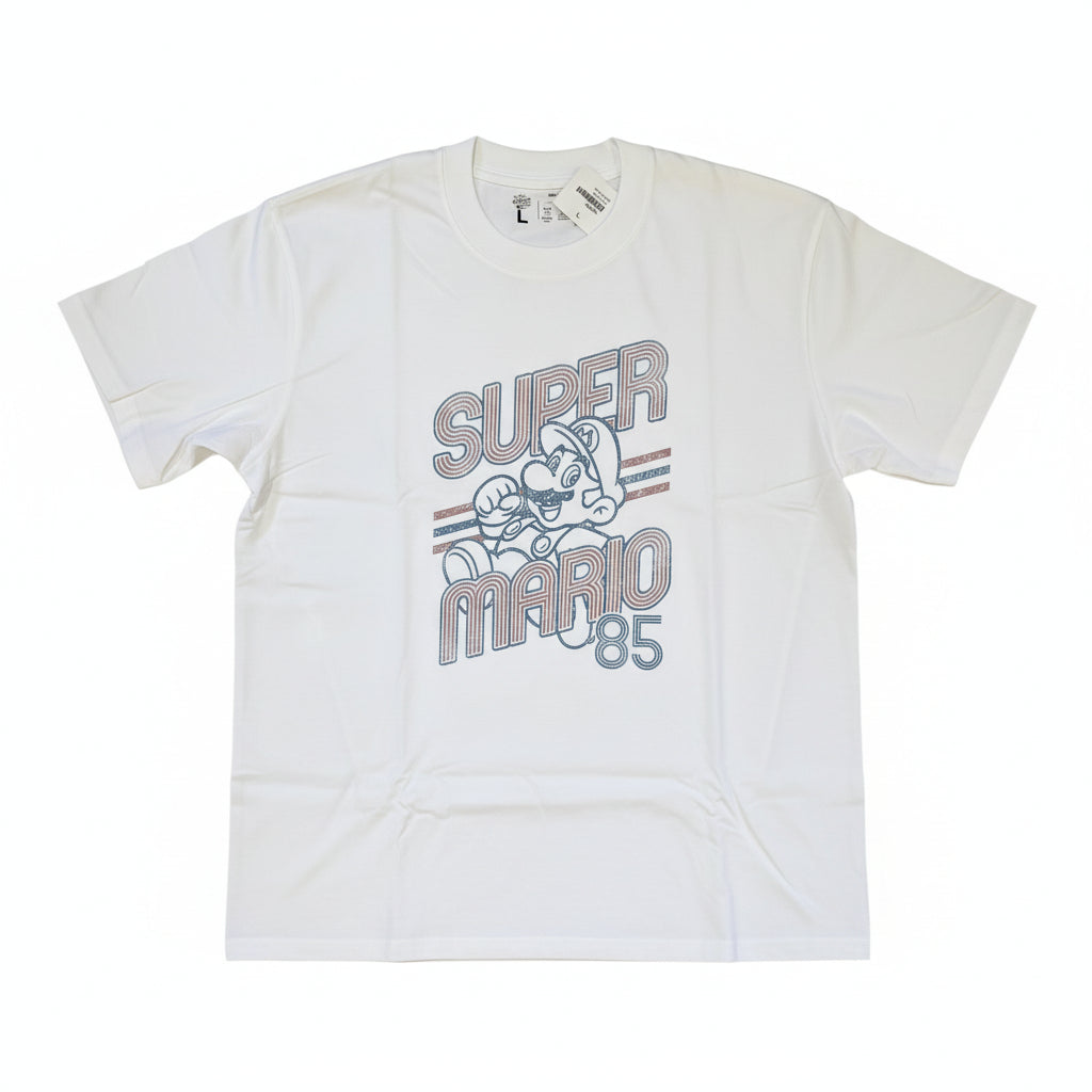 White t-shirt with 'Super Mario 85' graphic print