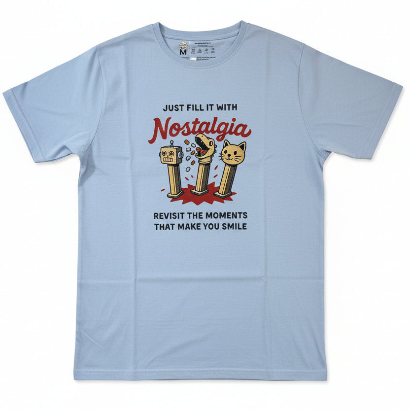 Light blue t-shirt with nostalgic graphic and text