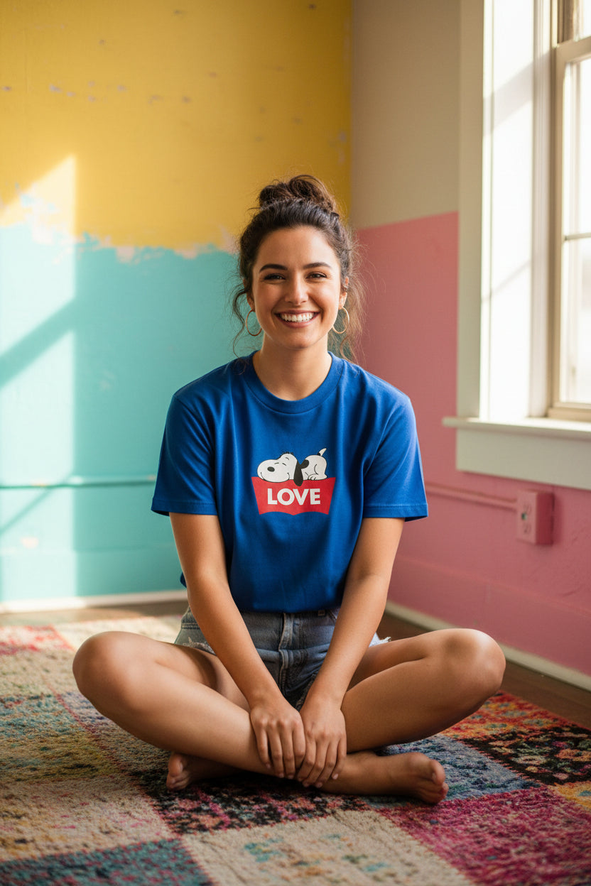 Blue t-shirt with a 'LOVE' graphic print