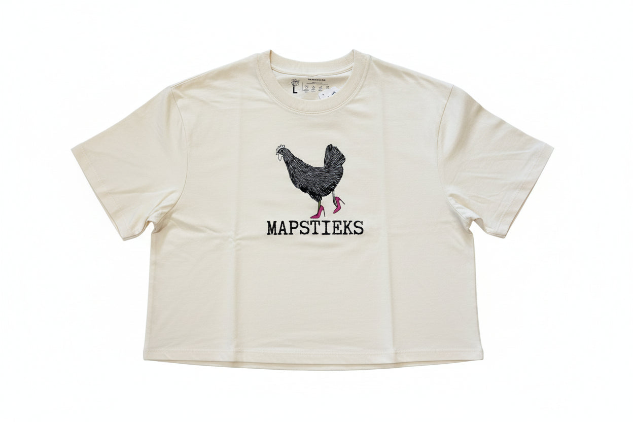White t-shirt with a chicken graphic and 'MAPSTIEKS
