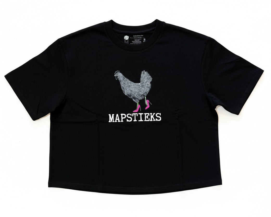 Black t-shirt with a chicken graphic and 'MAPSTIEKS' text