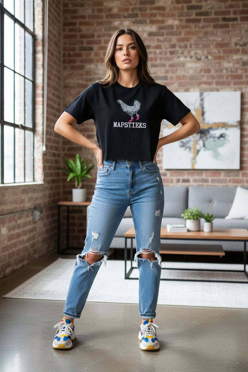 Black t-shirt with a chicken graphic and 'MAPSTIEKS
