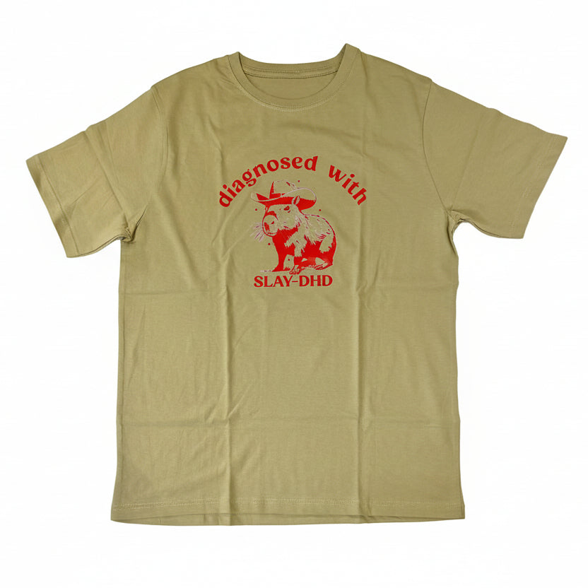 Khaki t-shirt with printed red graphic and text 
