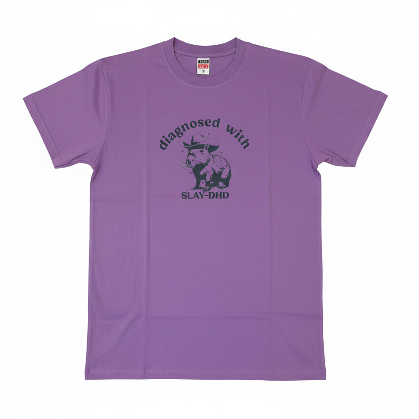 Purple t-shirt with printed graphic design and text