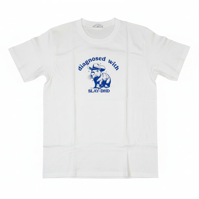 White t-shirt with printed blue graphic and text