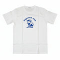 White t-shirt with printed blue graphic and text