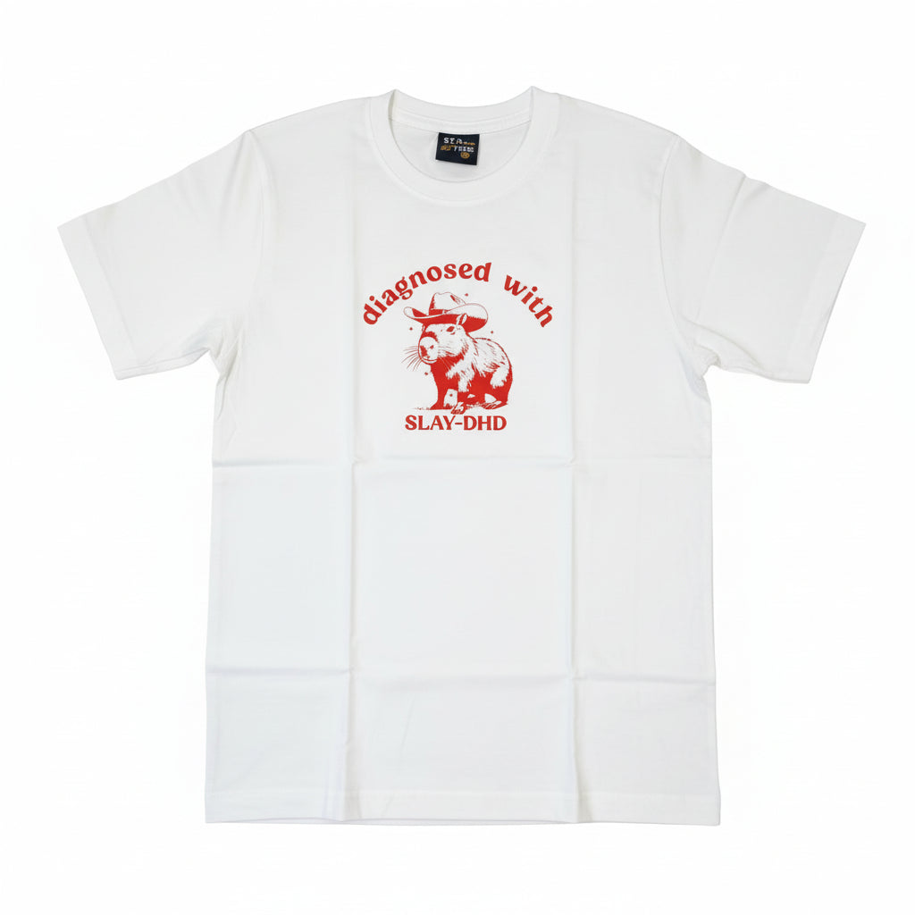 White t-shirt with printed red graphic and text