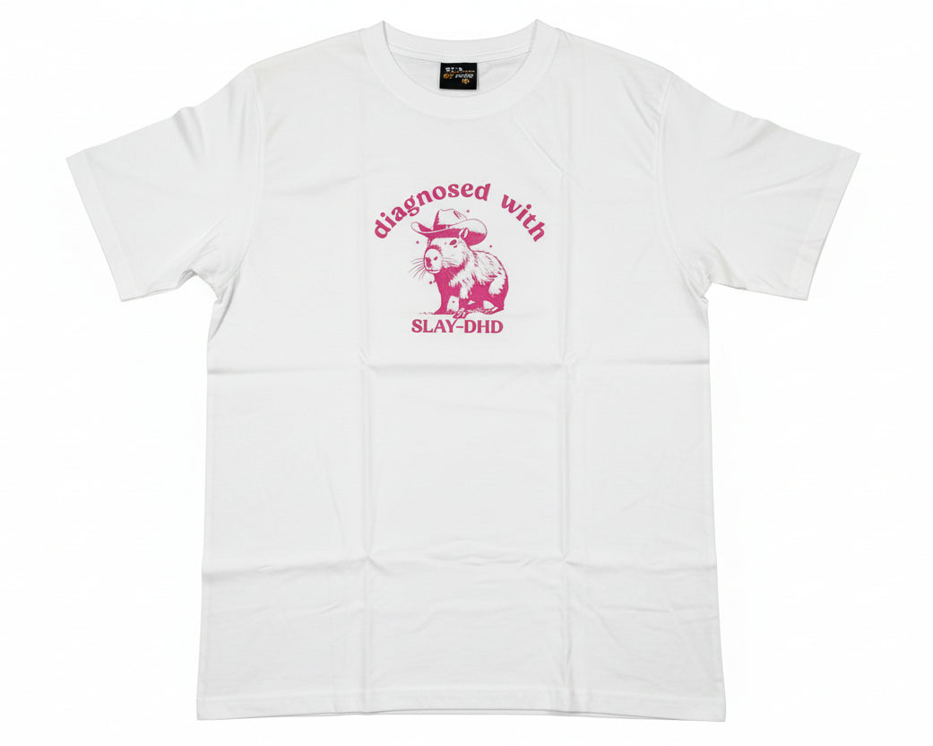 White t-shirt with printed pink graphic and text