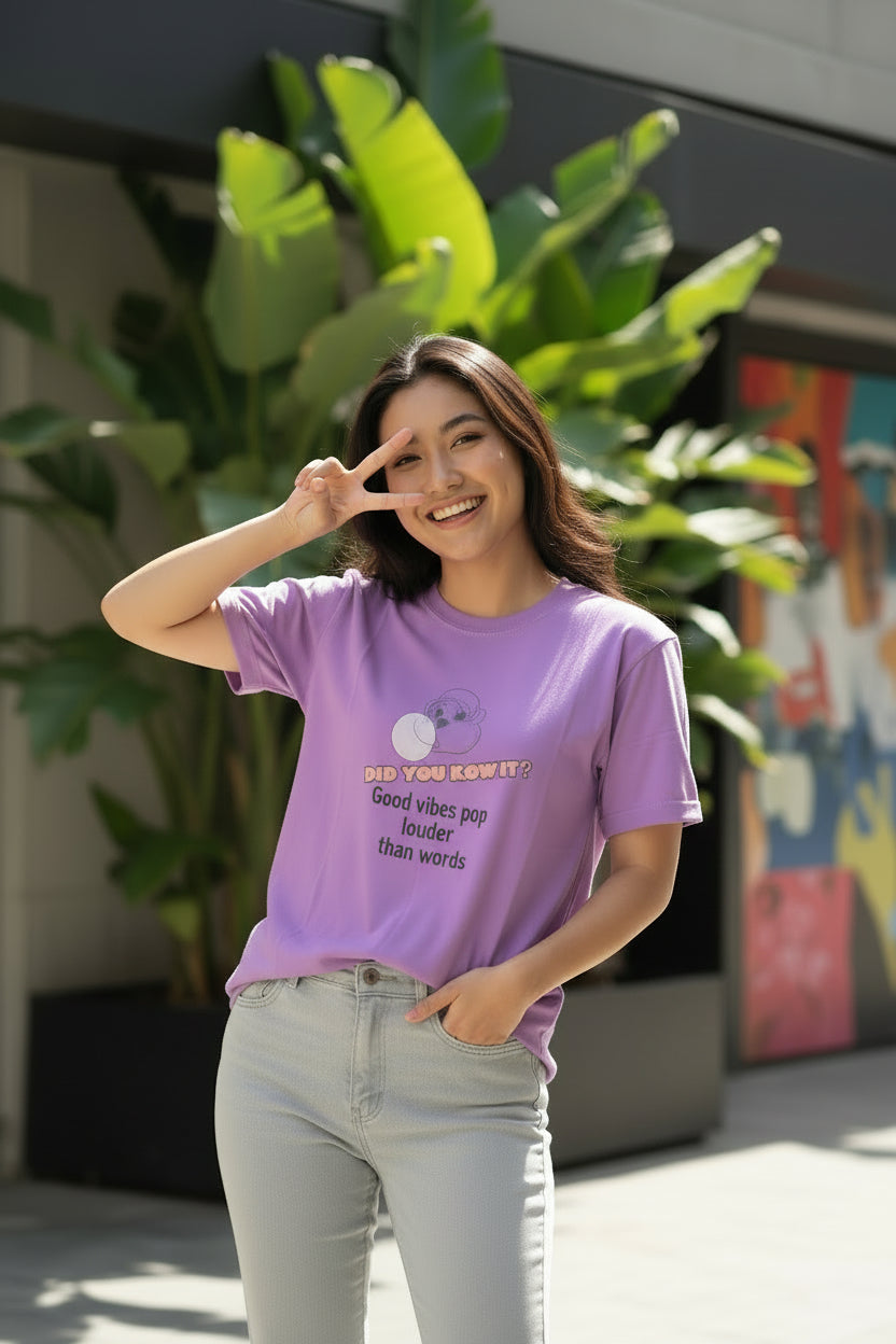 Purple t-shirt with printed text and graphic